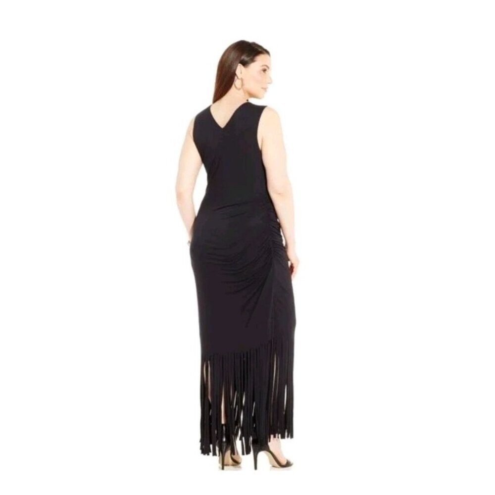 INC Deep V-Neck Maxi Dress Fringe Pullover Sleeveless Ruched Sides 3X Black NWT